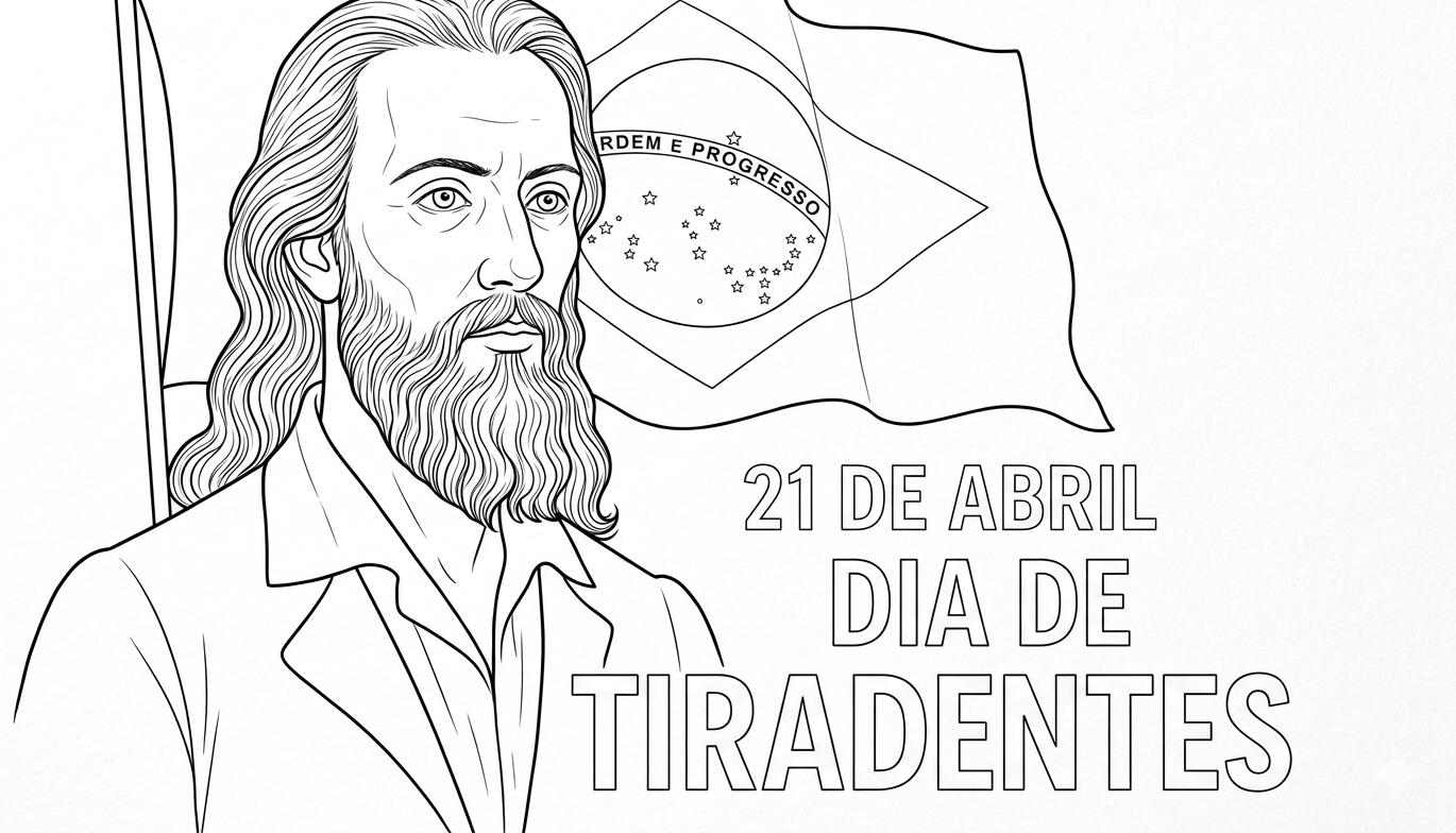 Desenho para colorir de Tiradentes com barba longa, ao lado da bandeira do Brasil e o texto 21 de Abril Dia de Tiradentes.