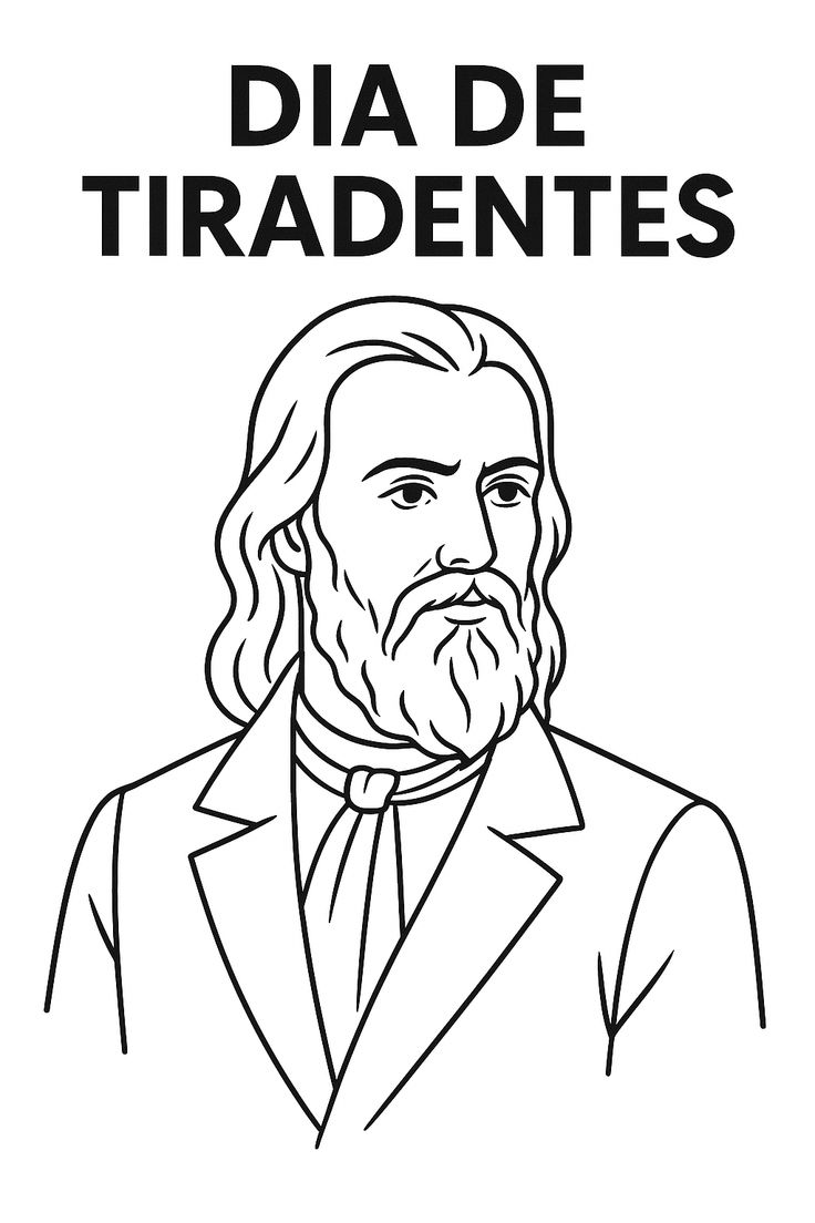 Ilustração em preto e branco de Tiradentes, com barba e cabelos compridos, em estilo contorno para colorir.