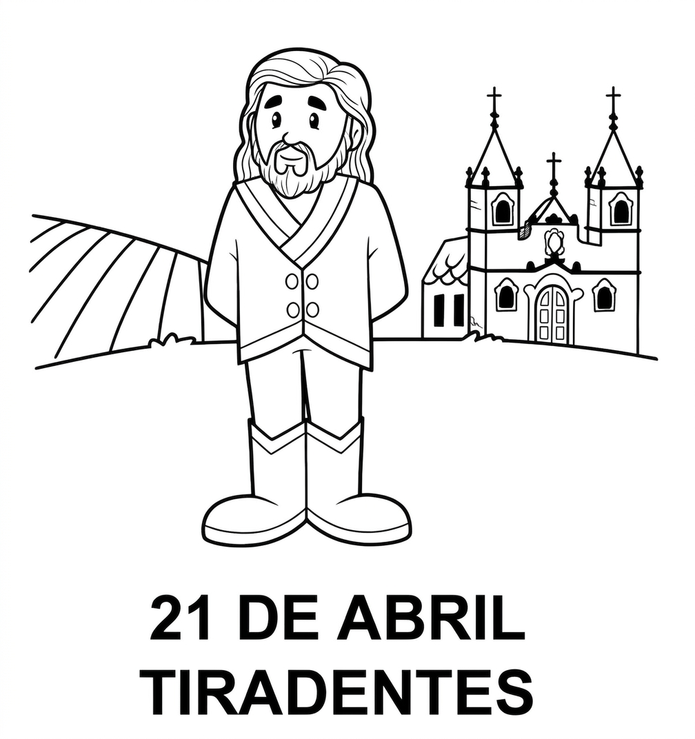 Desenho para colorir de Tiradentes em pé, com barba e cabelos longos, posicionado à frente de uma igreja colonial brasileira.