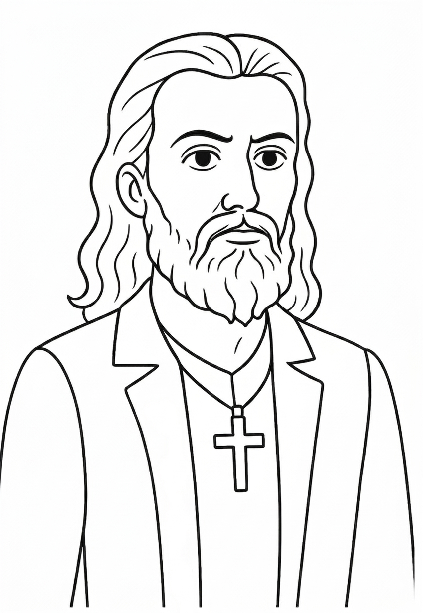 Desenho em linhas pretas de Tiradentes com cabelos longos, barba e um crucifixo no pescoço, estilo traço lúdico.