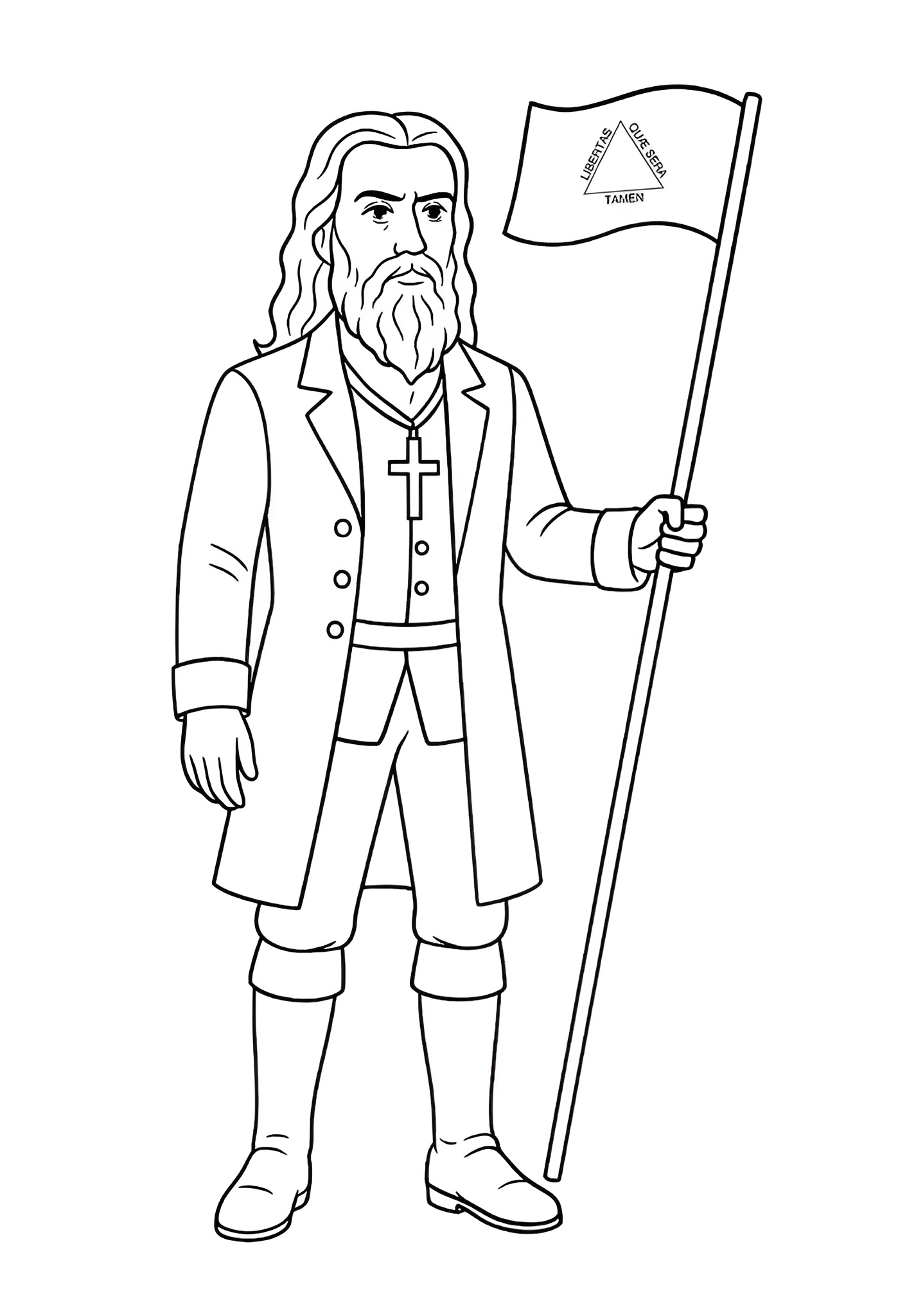 Desenho para colorir de Tiradentes com barba longa e cabelos compridos, usando um casaco estilo colonial e segurando uma bandeira com o lema Libertas Quae Sera Tamen.