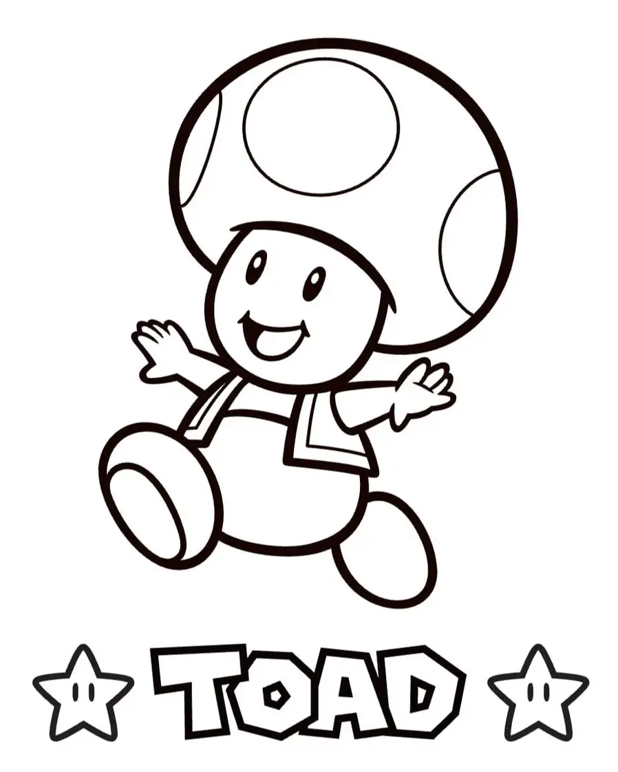 Desenho do personagem Toad, do jogo Super Mario, saltando alegremente com estrelas nas laterais e seu nome escrito abaixo, pronto para ser colorido.