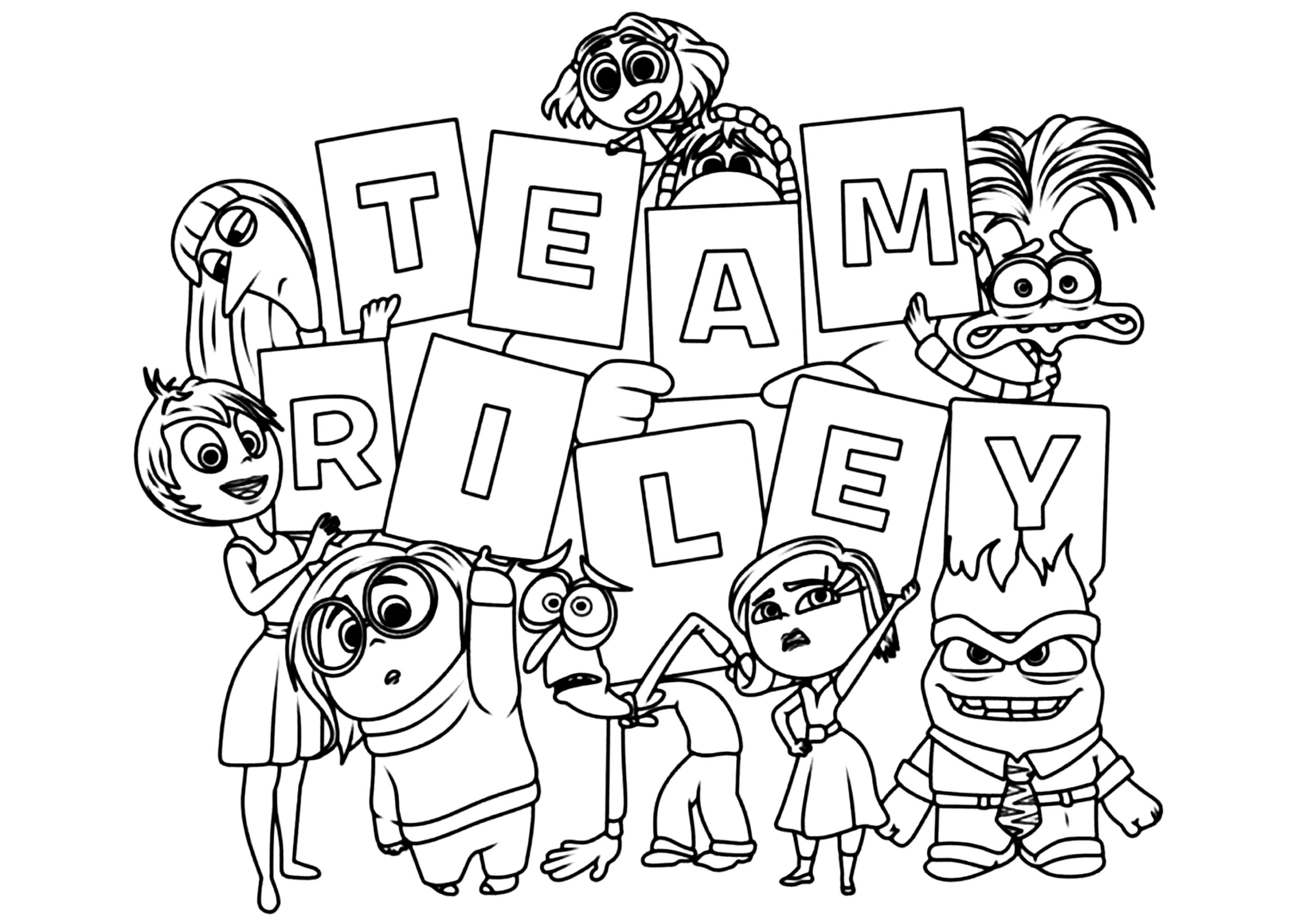 Desenho de todas as emoções do filme Divertidamente reunidos formando a frase "TEAM RILEY": alegria, ansiedade, tristeza, nojinho, medo, raiva, inveja, vergonha