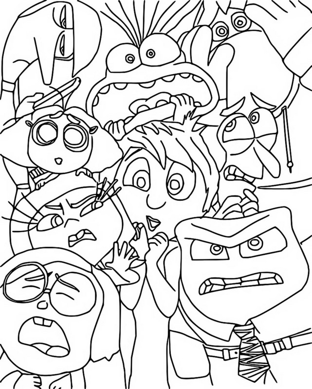 Desenho de todas as emoções de divertidamente reunidas para serem coloridas: alegria, raiva, tristeza, inveja, nojinho, tédio, medo, ansiedade e vergonha. Todos juntos.
