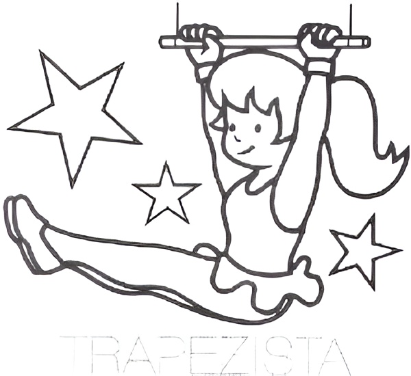 Desenho para colorir de uma jovem trapezista de circo com rabo de cavalo vestida de bailarina, pendurada em um trapézio em meio a estrelas.