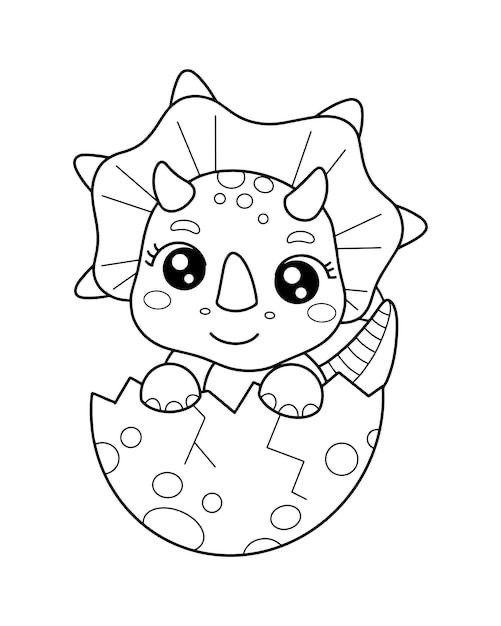 Desenho de um Triceratops bebê fofo, com olhos grandes, saindo de um ovo rachado, pronto para colorir e aprender sobre dinossauros.