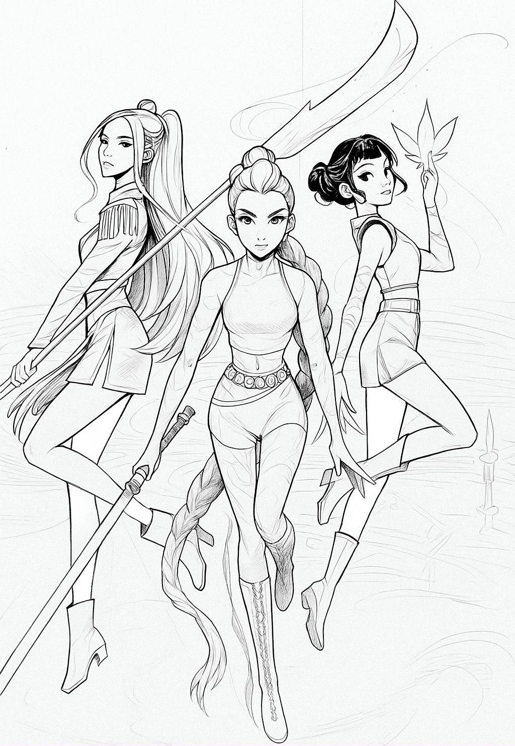 Trio das Guerreiras K-pop em formação de combate com alabarda e elementos místicos, estilo anime moderno para imprimir e colorir.