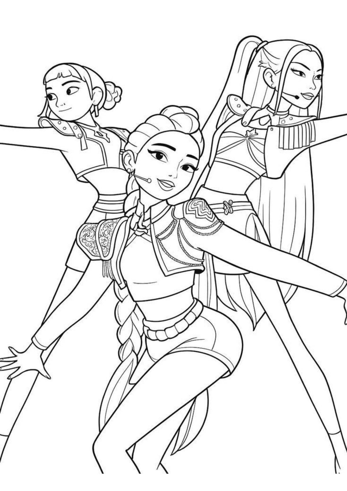 Trio das Guerreiras K-pop com headsets, ombreiras e trajes modernos em pose dinâmica para imprimir e colorir.