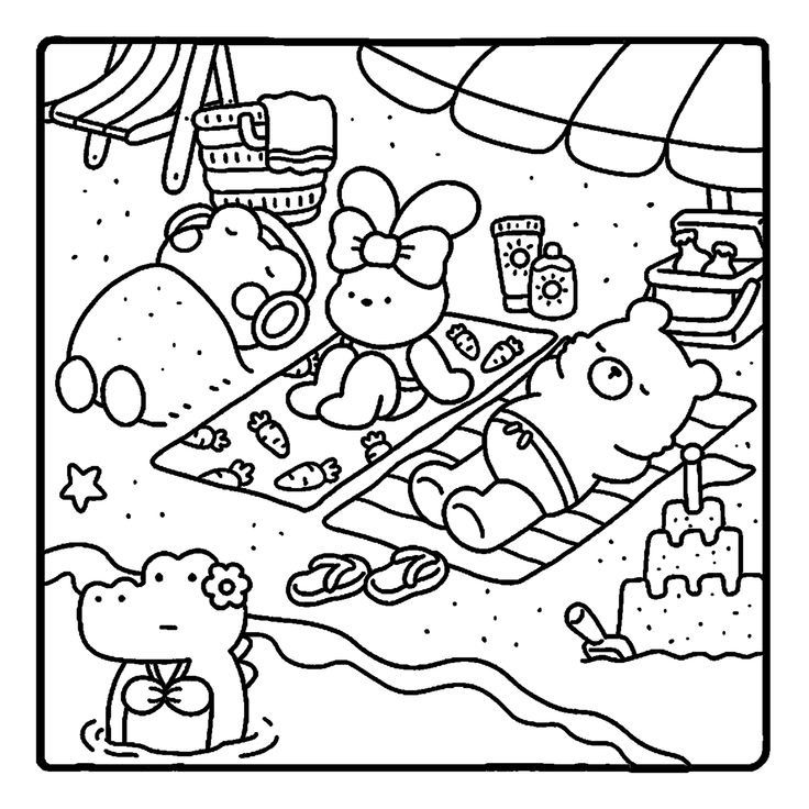 Desenho para colorir com um coelho, um urso e um crocodilo na praia com guarda-sol e castelo de areia.