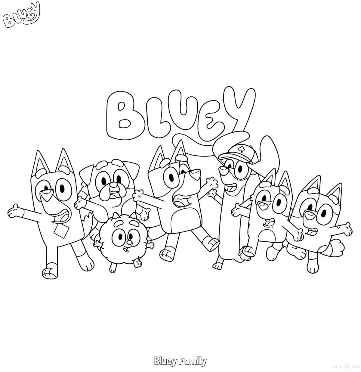 Desenho para colorir com os personagens Bluey, Bingo, Muffin e outros amigos da série Bluey em uma pose feliz e animada.