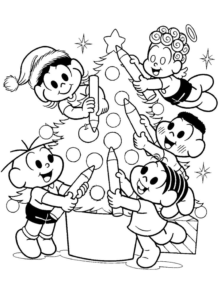 Desenho da Turma da Mônica decorando árvore de Natal com lápis como enfeites para colorir e imprimir.
