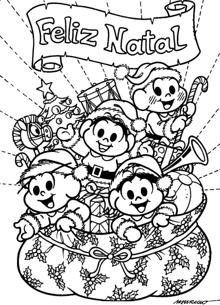 Desenho da Turma da Mônica no Natal com gorros, presentes e a frase 'Feliz Natal' para colorir e imprimir. Mônica, Cebolinha, Cascão e Magali, todos prontos para entregar presentes.