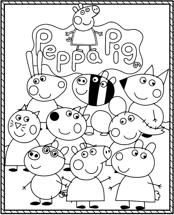 Desenho para colorir com a Peppa Pig e seus amigos da escola, incluindo Danny Cão, Emily Elefante, Zoe Zebra e outros personagens em traços pretos sobre fundo branco.