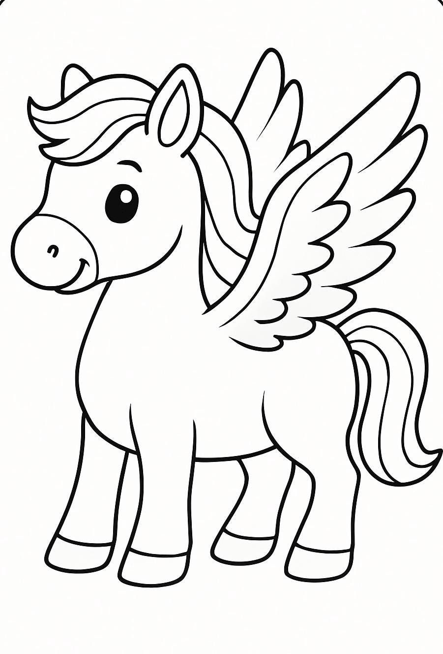 Desenho de um unicórnio alado estilo cartoon, com olhos grandes e crina volumosa, ideal para crianças colorirem.