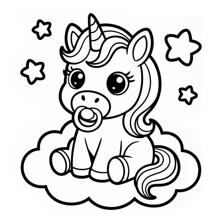 Desenho de um unicórnio bebê sentado sobre uma nuvem fofinha, usando uma chupeta, cercado por estrelas para colorir.