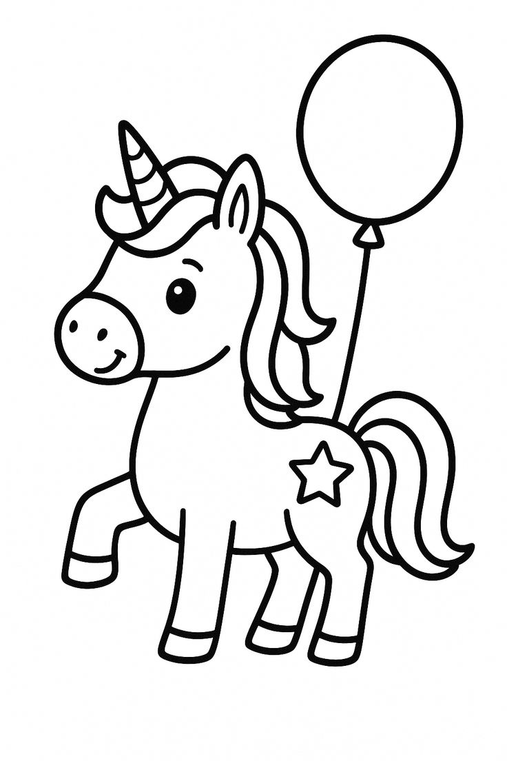 Desenho de traço simples de um unicórnio feliz segurando um balão circular, com uma estrela na lateral do corpo.