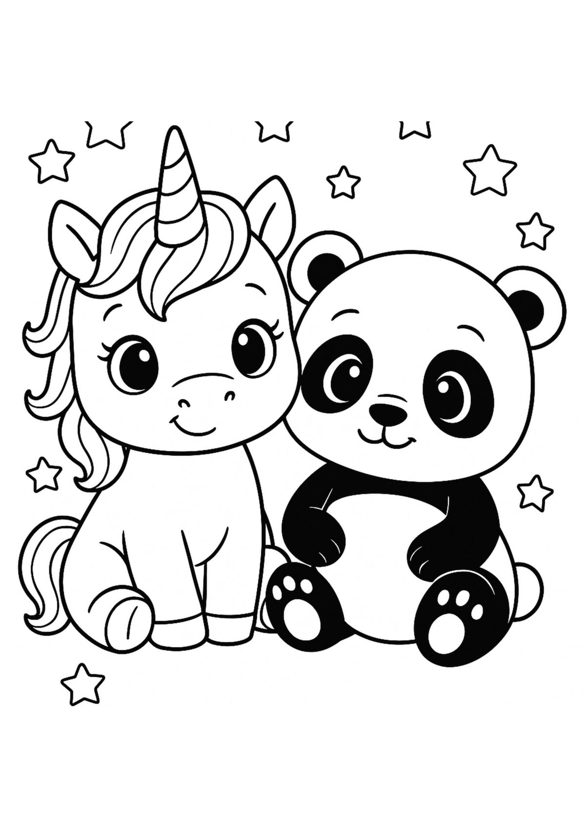 Desenho de um unicórnio com crina encaracolada ao lado de um panda sentado, rodeados por estrelas no fundo.