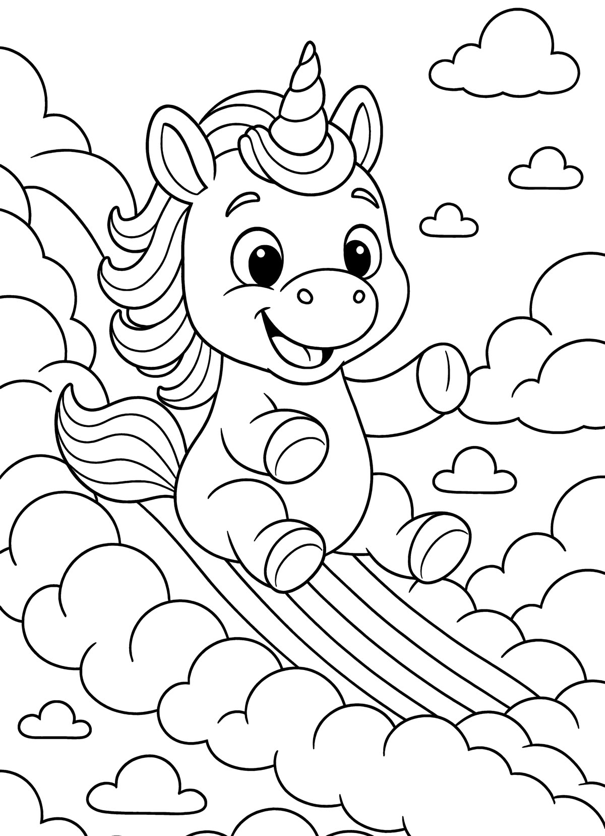 Unicórnio fofinho e sorridente escorregando por um arco-íris entre nuvens fofas, estilo desenho para crianças.