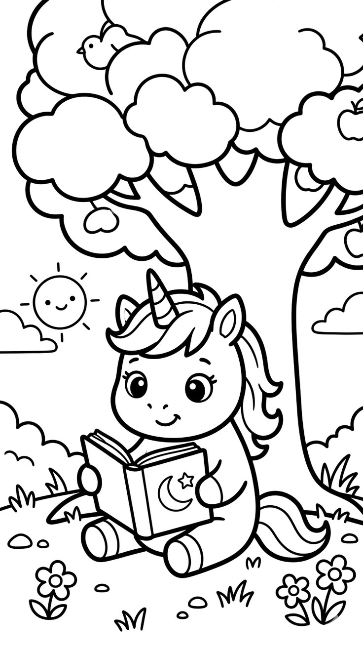 Um unicórnio fofo sentado embaixo de uma árvore carregada de frutas, lendo um livro com desenhos de lua e estrela.