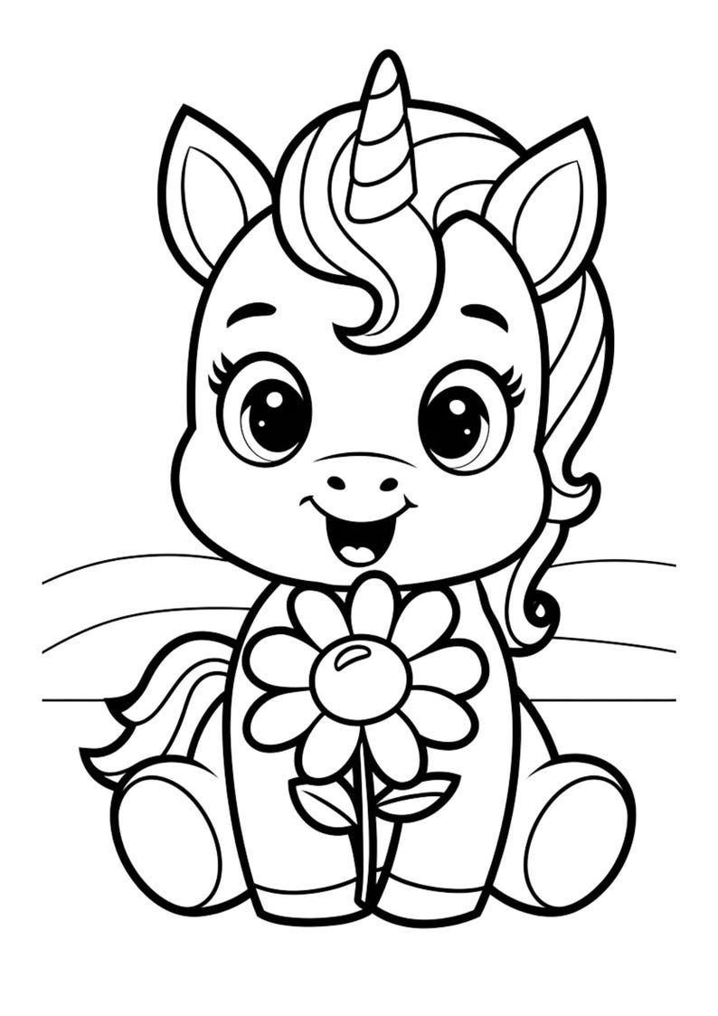 Desenho de um unicórnio bebê muito fofo com olhos grandes, segurando uma flor margarida nas mãos, traço simples para crianças.