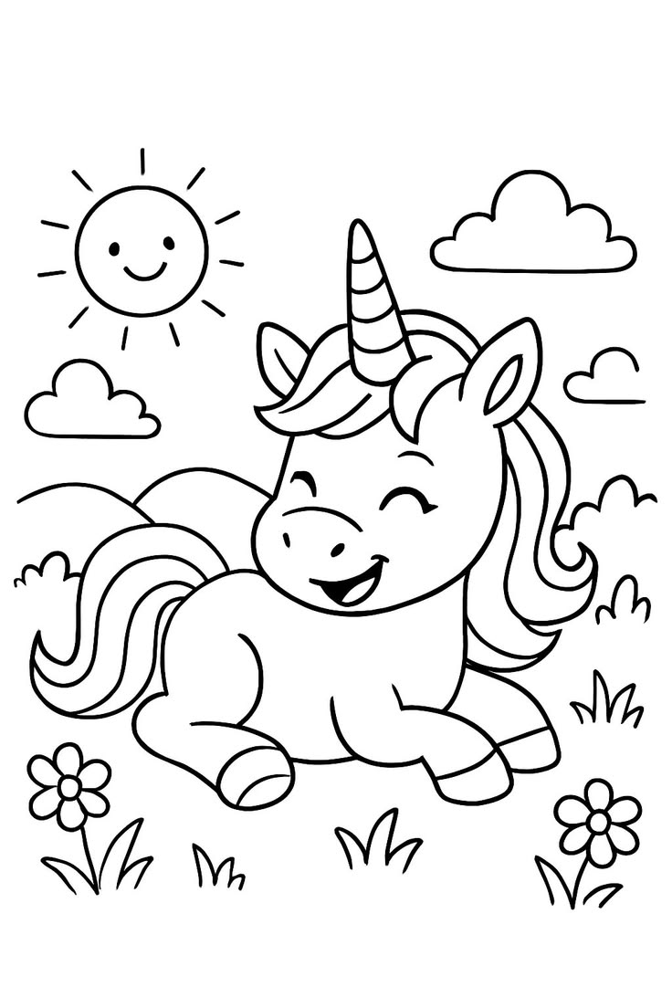 Desenho de unicórnio fofo sentado em um jardim com flores, sol e nuvens para colorir