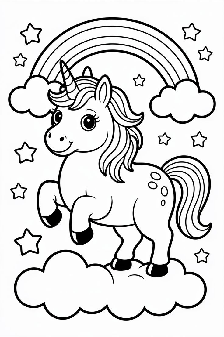 Desenho de um unicórnio adorável com crina longa, chifre espiralado, em pé sobre uma nuvem fofa, com um arco-íris ao fundo e várias estrelas ao redor.