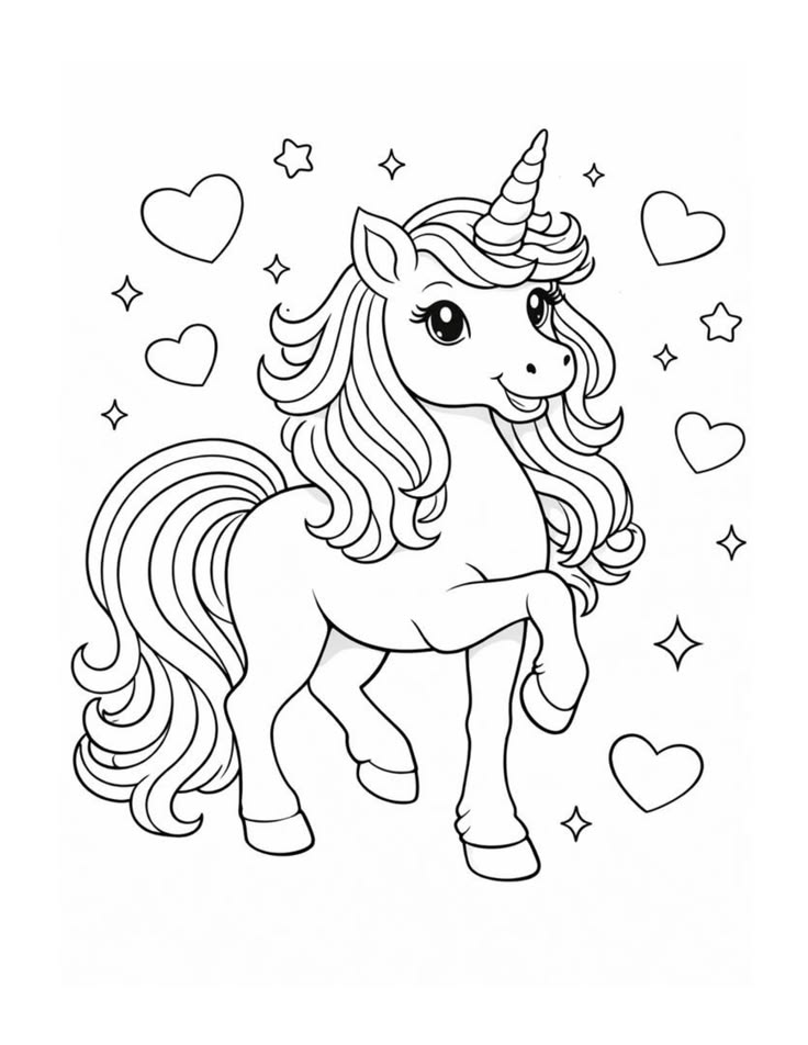 Desenho de um unicórnio fofo com crina longa, chifre espiralado, cercado por corações e estrelas brilhantes para colorir.