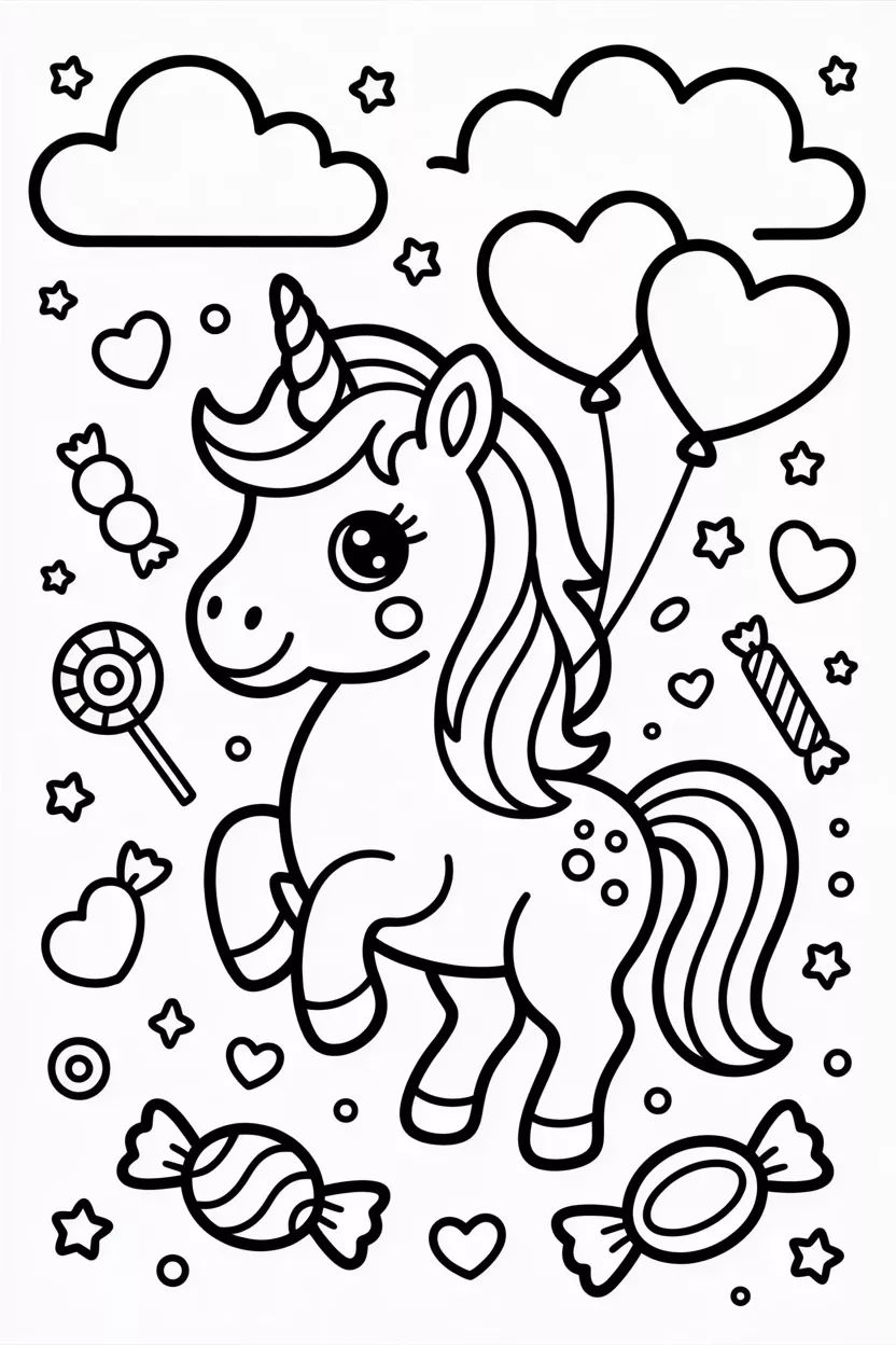 Desenho para colorir de um unicórnio fofo cercado por balões em formato de coração, pirulitos, balas e estrelas.
