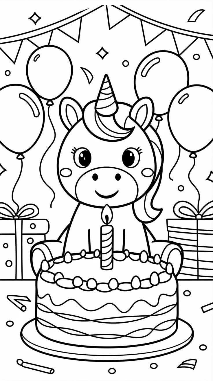 Um desenho de unicórnio simpático com um chifre listrado, sentado atrás de um bolo de aniversário com uma vela acesa, cercado por balões e presentes.