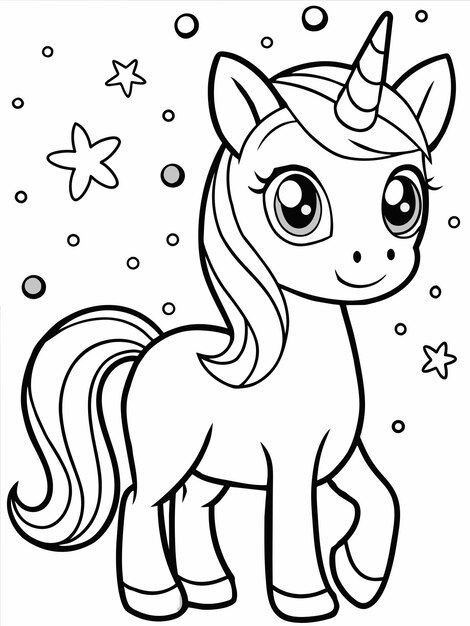 Desenho de uma unicórnio fofo com muitas estrelas, ideal para crianças pequenas e meninas que adoram colorir para se divertir.