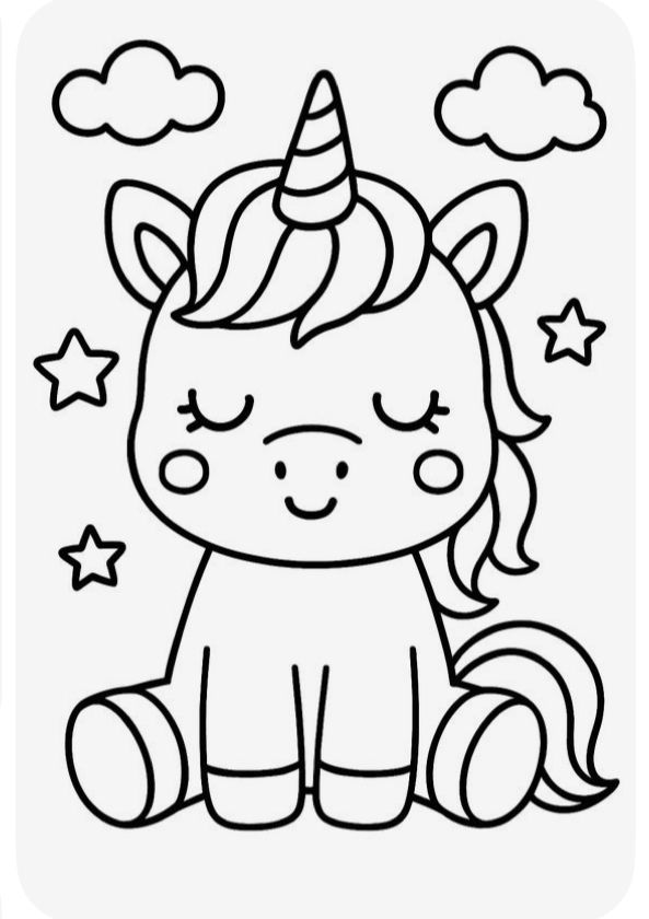 Desenho de um unicórnio fofo sentado, com olhos fechados, cercado por estrelas e nuvens, pronto para colorir.