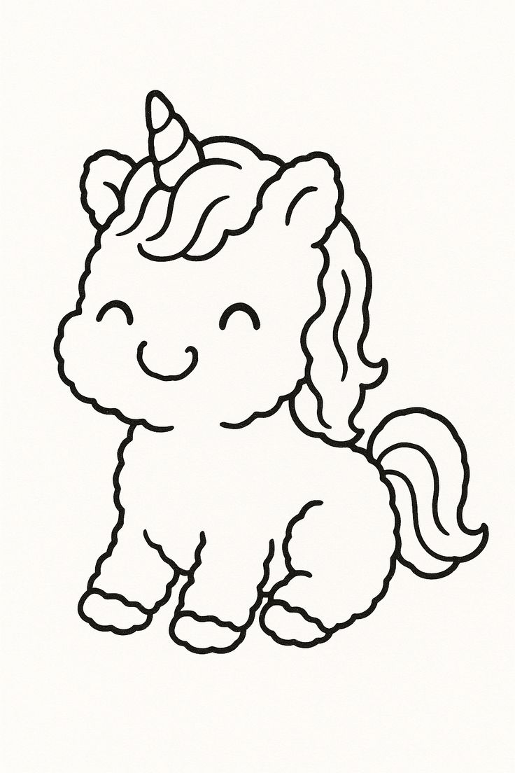 Desenho estilo kawaii de um unicórnio sentado com chifre espiralado e crina ondulada, pronto para colorir.