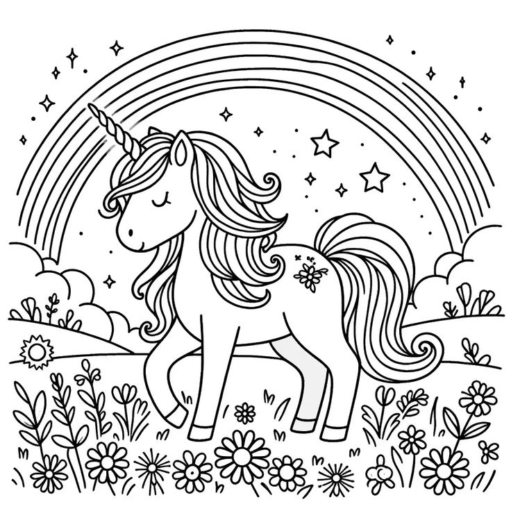 Desenho de um unicórnio no estilo cartoon, com arco-íris, nuvens, estrelas e um campo florido para imprimir e colorir.