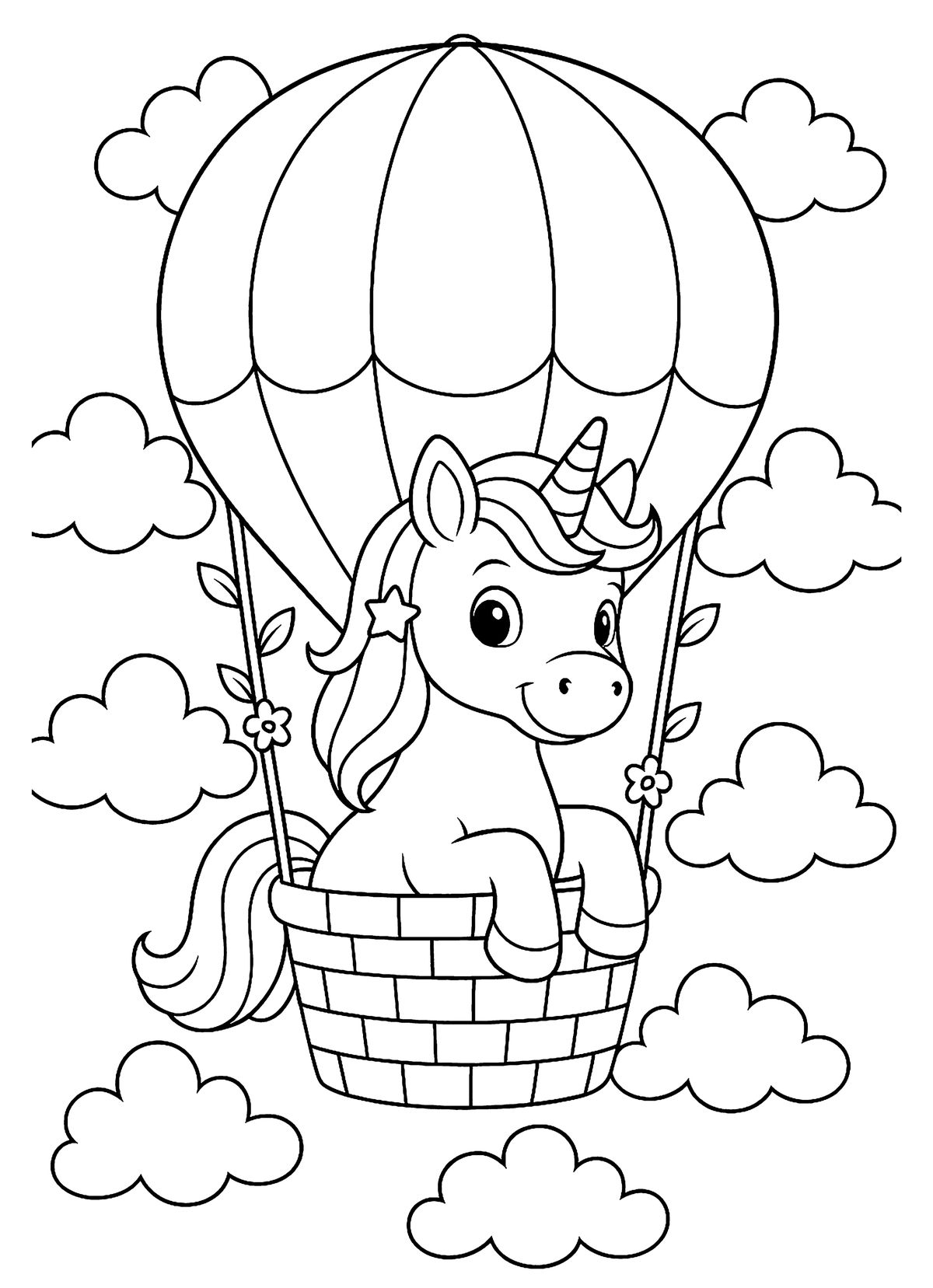 Desenho para colorir de um unicórnio simpático dentro de uma cesta de balão de ar quente cercado por nuvens fofas.