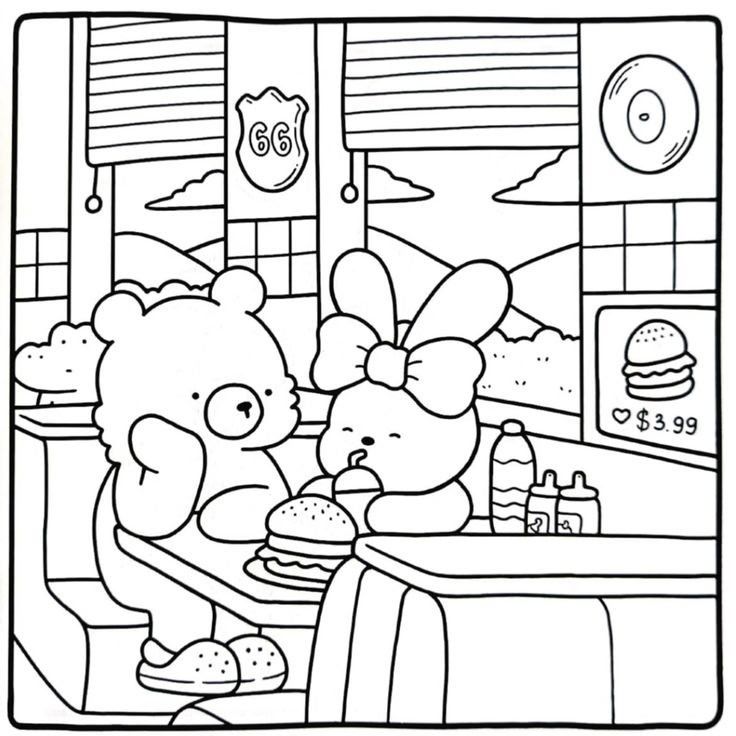 Ursinho e coelhinha sentados em uma mesa de lanchonete estilo anos 60 com hambúrgueres e bebidas, traço simples para colorir.