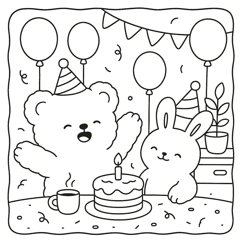 Ilustração estilo Bobbie Goods com um ursinho e um coelhinho usando chapéus de festa, com um bolo de aniversário, balões e confetes ao fundo.