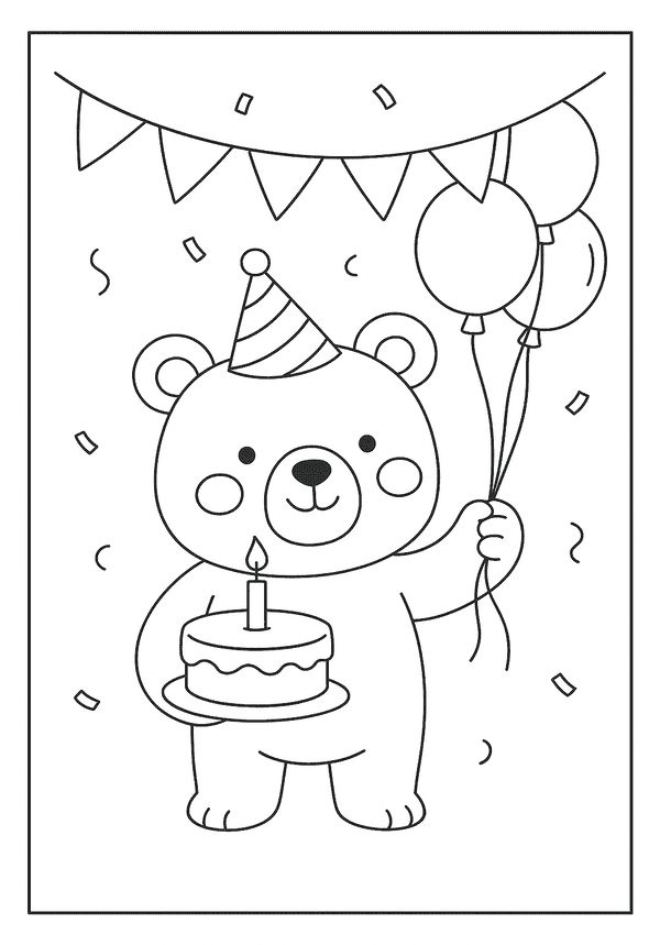 Ursinho fofinho usando um chapéu de festa, segurando um bolo com uma vela acesa e um molho de balões, decorado com bandeirolas ao fundo.