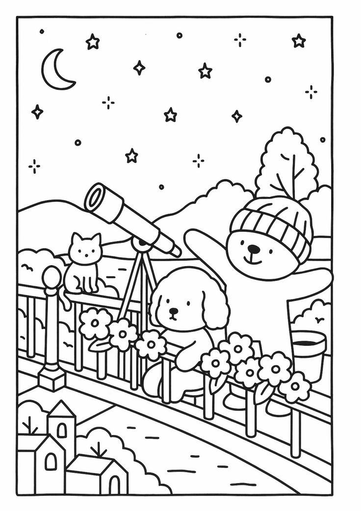 Ursinho com gorro, um cachorrinho e um gatinho observando estrelas com um telescópio em uma varanda florida durante a noite.