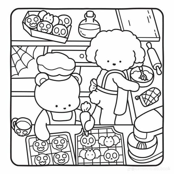 Dois personagens fofos, um urso com chapéu de chef e um cachorrinho peludo, preparando biscoitos em formato de caveira e morcego em uma cozinha.