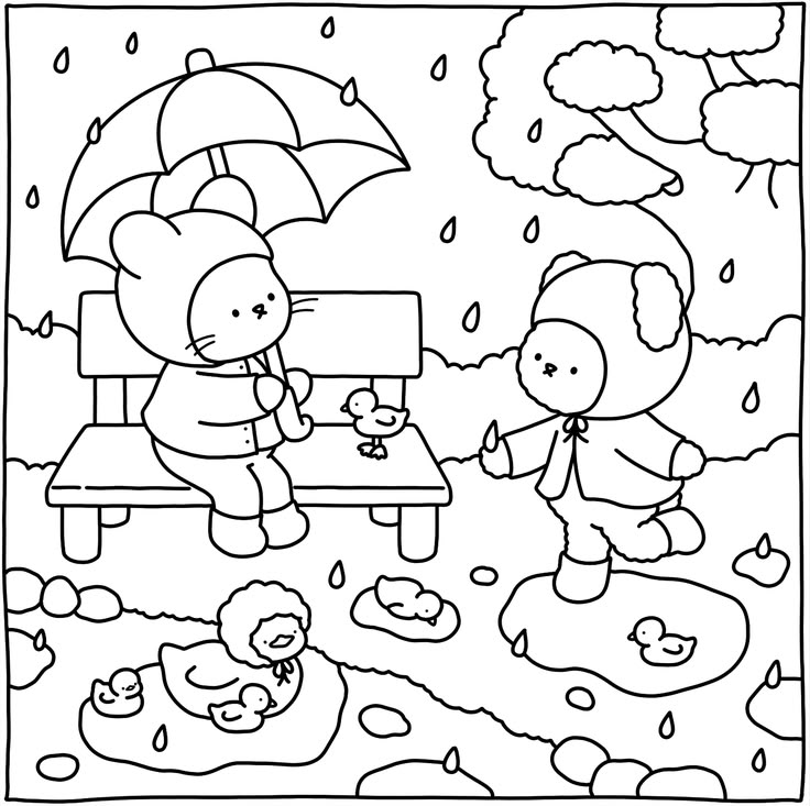 Dois ursinhos com capas de chuva e guarda-chuva brincando em um parque com patinhos em poças de água.