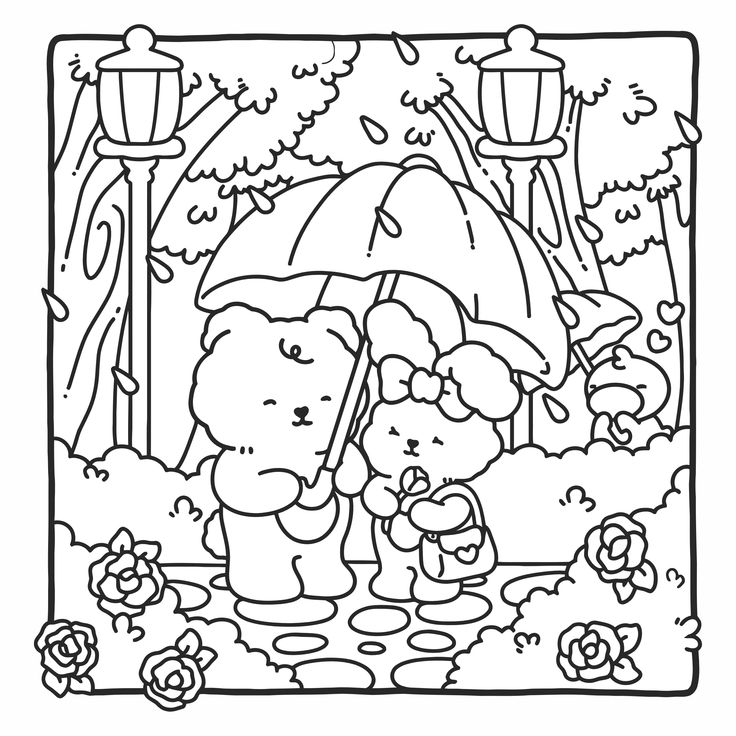 Desenho para colorir de dois ursinhos fofos andando de mãos dadas sob um guarda-chuva em um jardim com rosas e postes de luz.