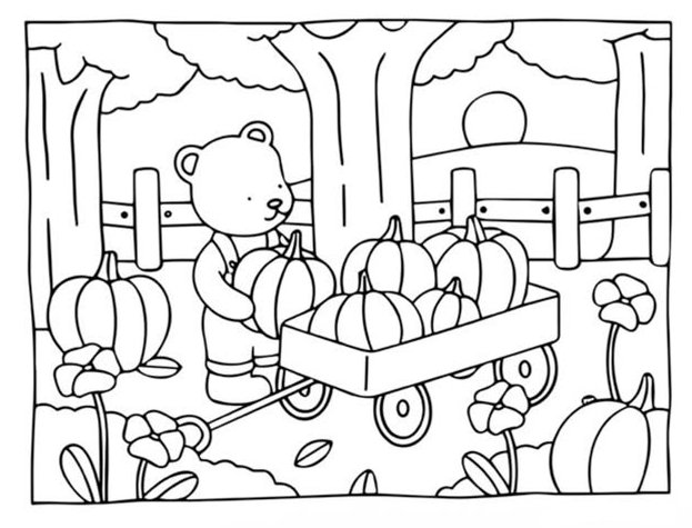 Ilustração de um urso Bobbie Goods segurando abóboras em uma carroça no Halloween para colorir e imprimir.