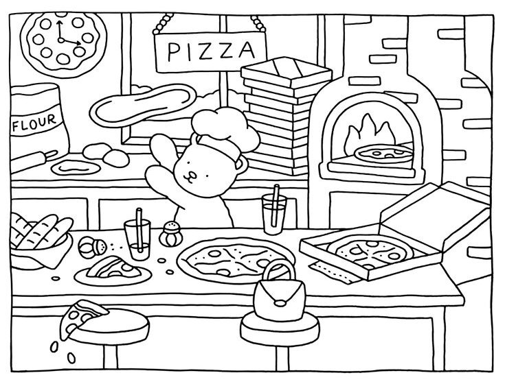 Desenho de um urso pizzaiolo da Bobbie Goods preparando pizza em um forno a lenha, cercado por ingredientes e caixas de pizza.