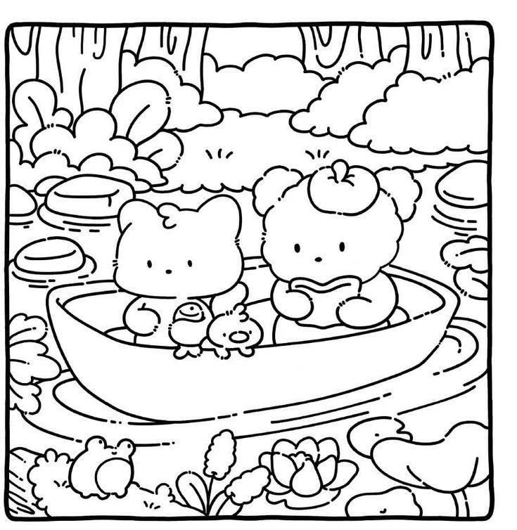 Dois ursinhos fofos em um pequeno barco no meio de um lago, com flores e sapinhos ao redor, prontos para colorir.