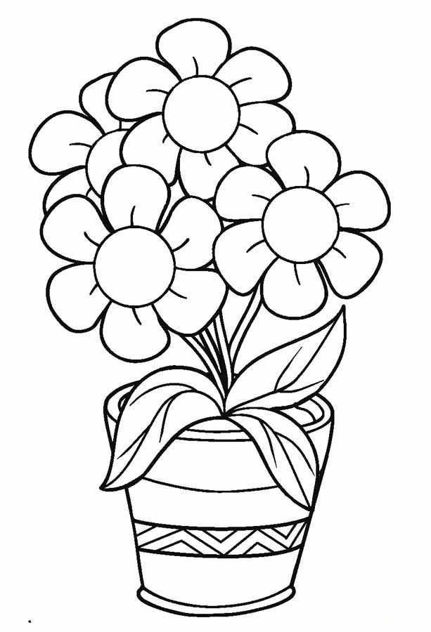 Desenho de um vaso com três flores grandes para colorir e imprimir, com traços simples e bonitos, perfeito para crianças mais novas.