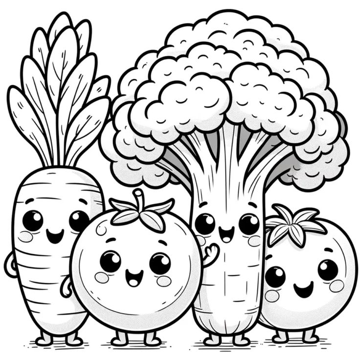 Desenho de comidas saudáveis para imprimir e colorir: cebola, tomate, brocolis e cenoura.