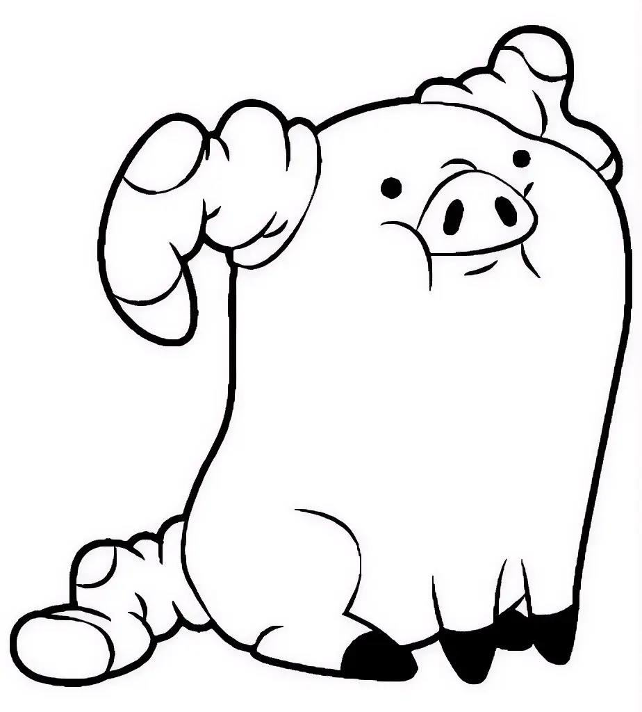 Desenho para colorir do Waddles, o porquinho de Gravity Falls, em traço simples e fundo branco.