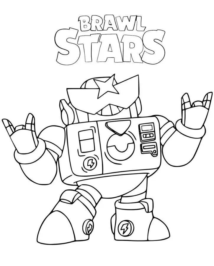 Desenho para colorir do Wattson de Brawl Stars fazendo sinal de rock com as mãos e óculos estilosos.
