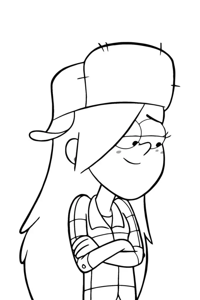 Desenho de linha da Wendy Corduroy de Gravity Falls, com seu chapéu de caçador, braços cruzados e expressão serena.