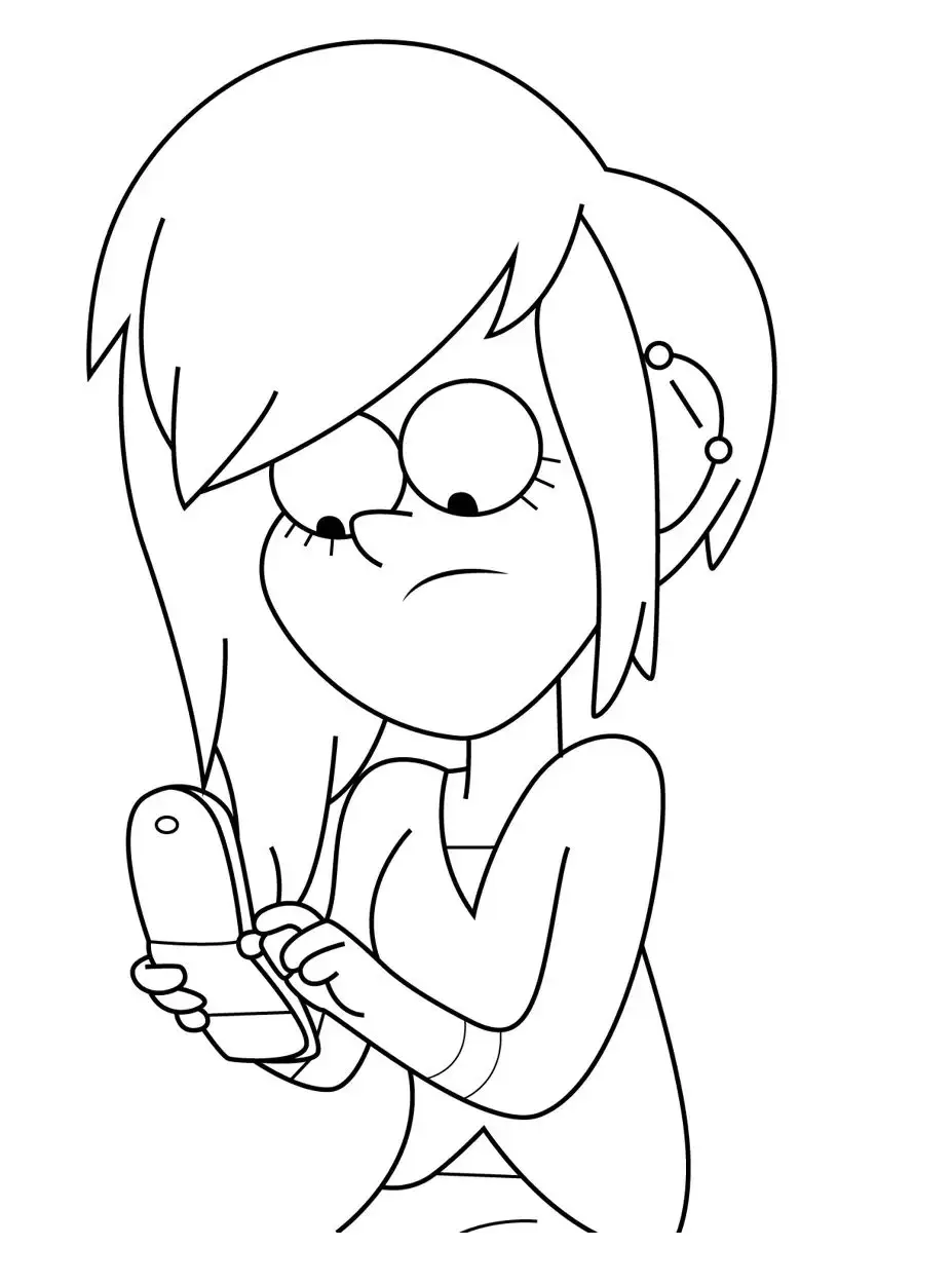 Wendy Corduroy, a adolescente de Gravity Falls com cabelo ruivo e piercing na orelha, olhando para um telefone celular antigo.